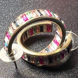 J CREW Baguette Color Crystal Rhinestone Gold Tone Preppy Hoop Pierced Earrings